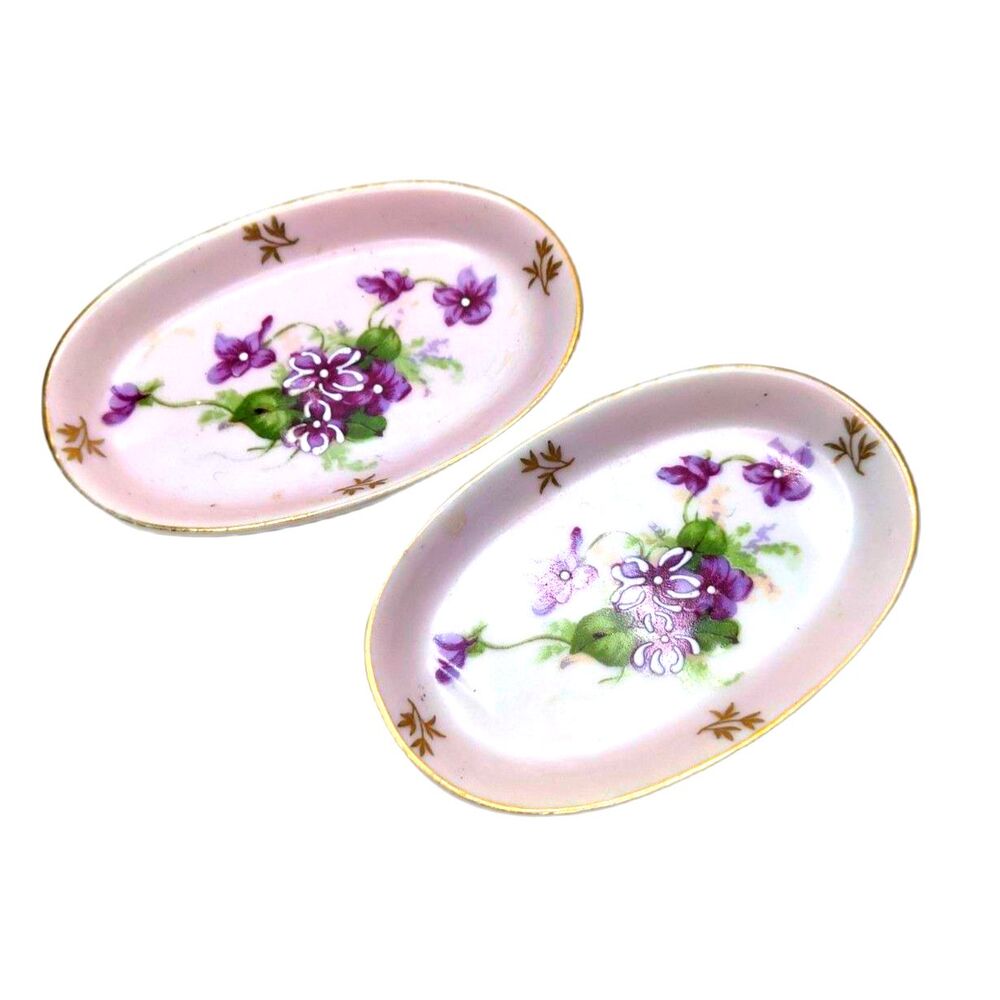 Pair Lefton Hand Painted Trinket Dish Purple Violets Jewelry Holder Red Crown